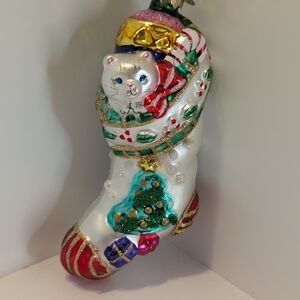 Old World Christmas OWC Glass Ornament Cat & Candy Cane In Stocking